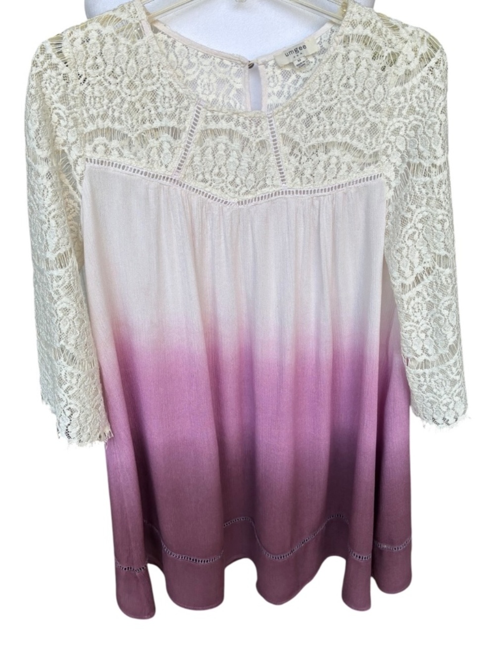 Umgee Purple and Cream Baby Doll Dress with Lace Neckline/Sleeves-Size M